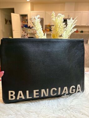Balenciaga Black Leather Logo Clutch
